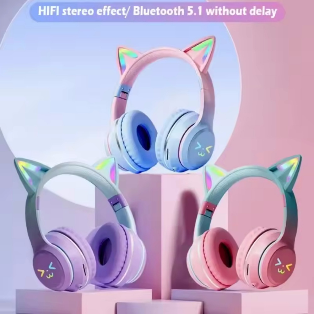Gaming Headset Rgb - Gradient wireless Headphones RGB cute cat